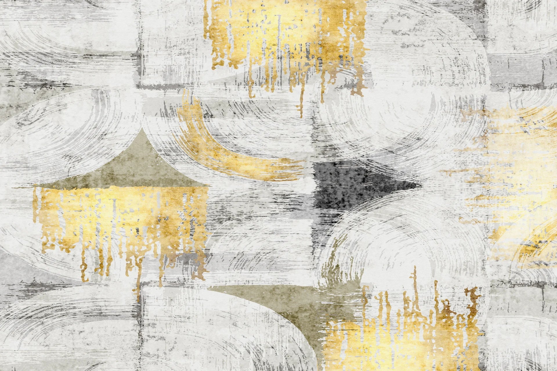 Arc & Gold grey and gold abstract geometric wallpaper creating ambiance in a serene bathroom