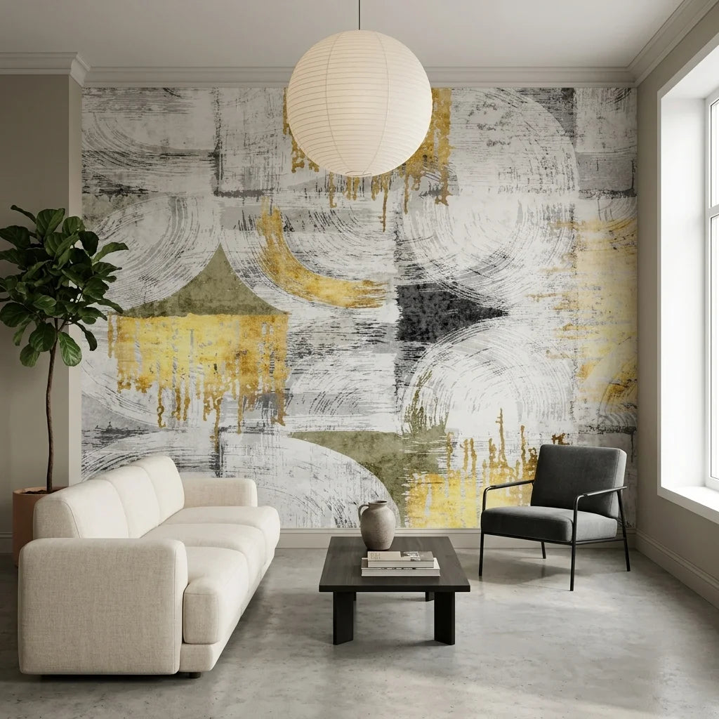 Textured grey and gold abstract geometric peel and stick wallpaper - Arc & Gold