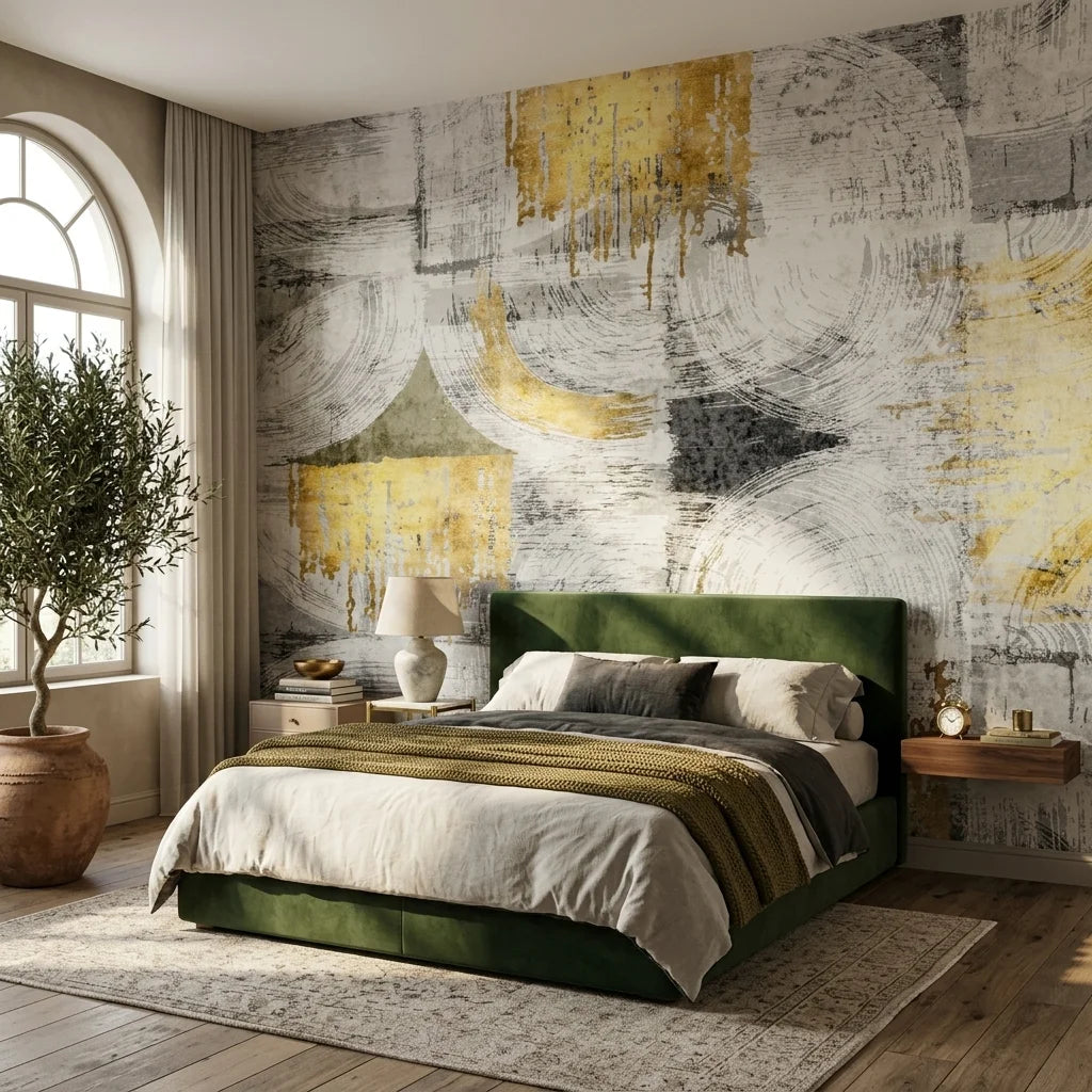 Arc & Gold grey and gold abstract geometric wallpaper in a warm and inviting living room