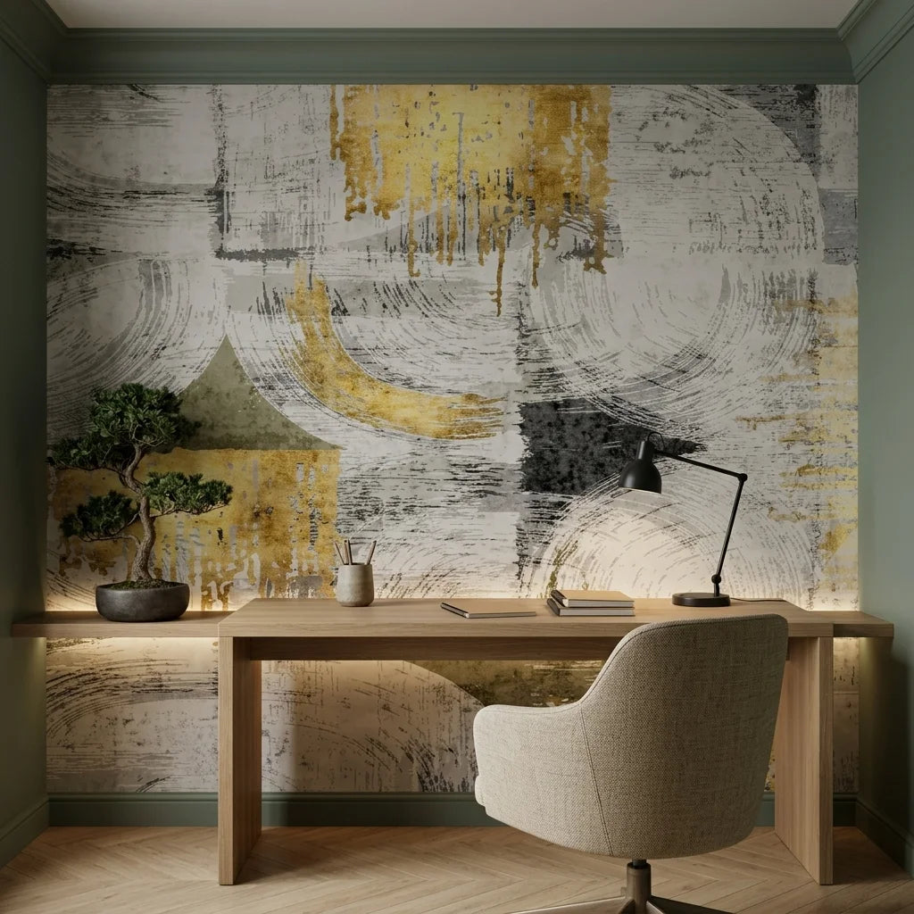 Arc & Gold grey and gold abstract geometric wallpaper adding character to a cozy bedroom