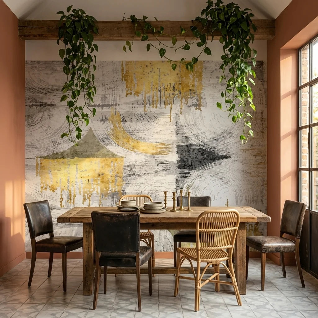 Arc & Gold grey and gold abstract geometric wallpaper as a feature wall in a bright home office