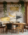 Arc & Gold grey and gold abstract geometric wallpaper as a feature wall in a bright home office