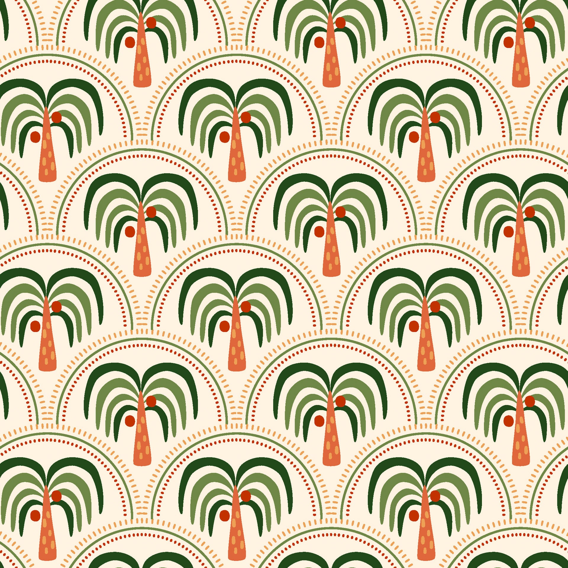 Geometric palm wallpaper with repeating scalloped arches and stylized palm trees in olive green, terracotta, and warm sand tones on a light cream background.
