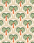 Geometric palm wallpaper with repeating scalloped arches and stylized palm trees in olive green, terracotta, and warm sand tones on a light cream background.