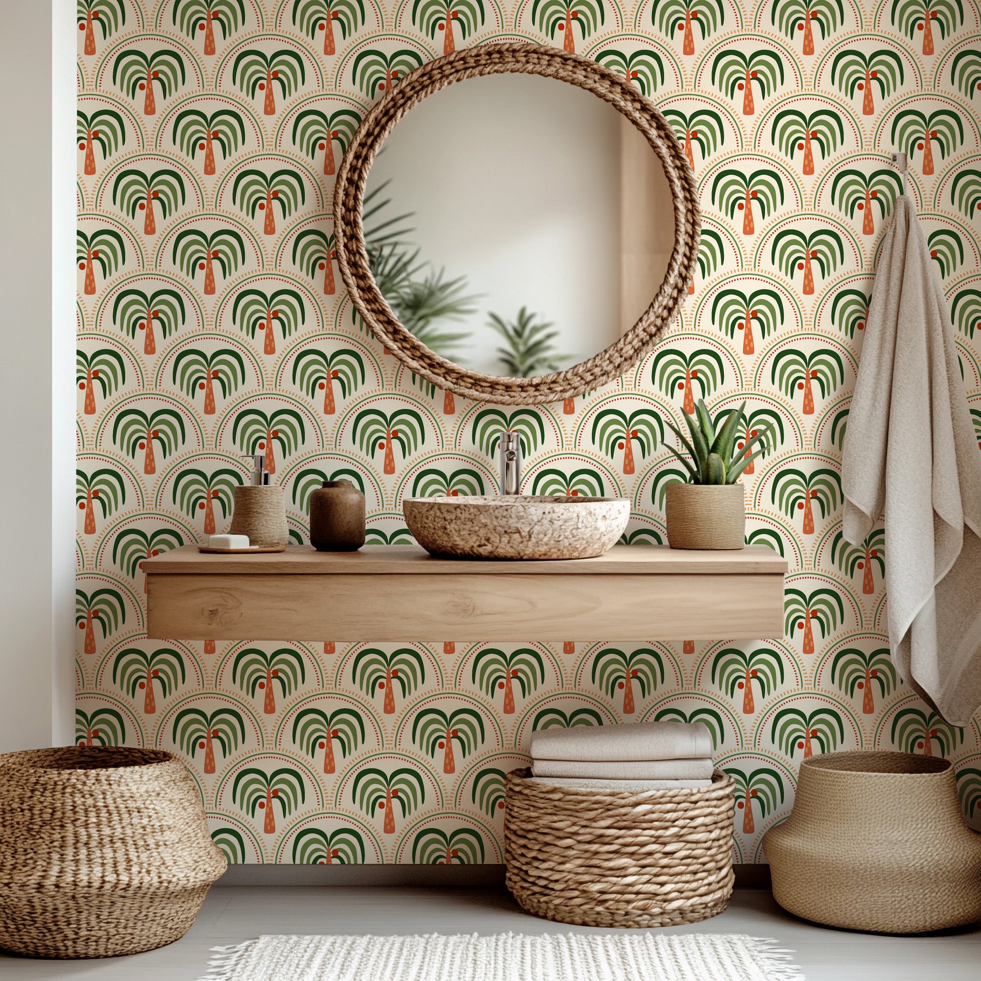 Geometric palm wallpaper with repeating scalloped arches and stylized palm trees in olive green, terracotta, and warm sand tones on a light cream background.