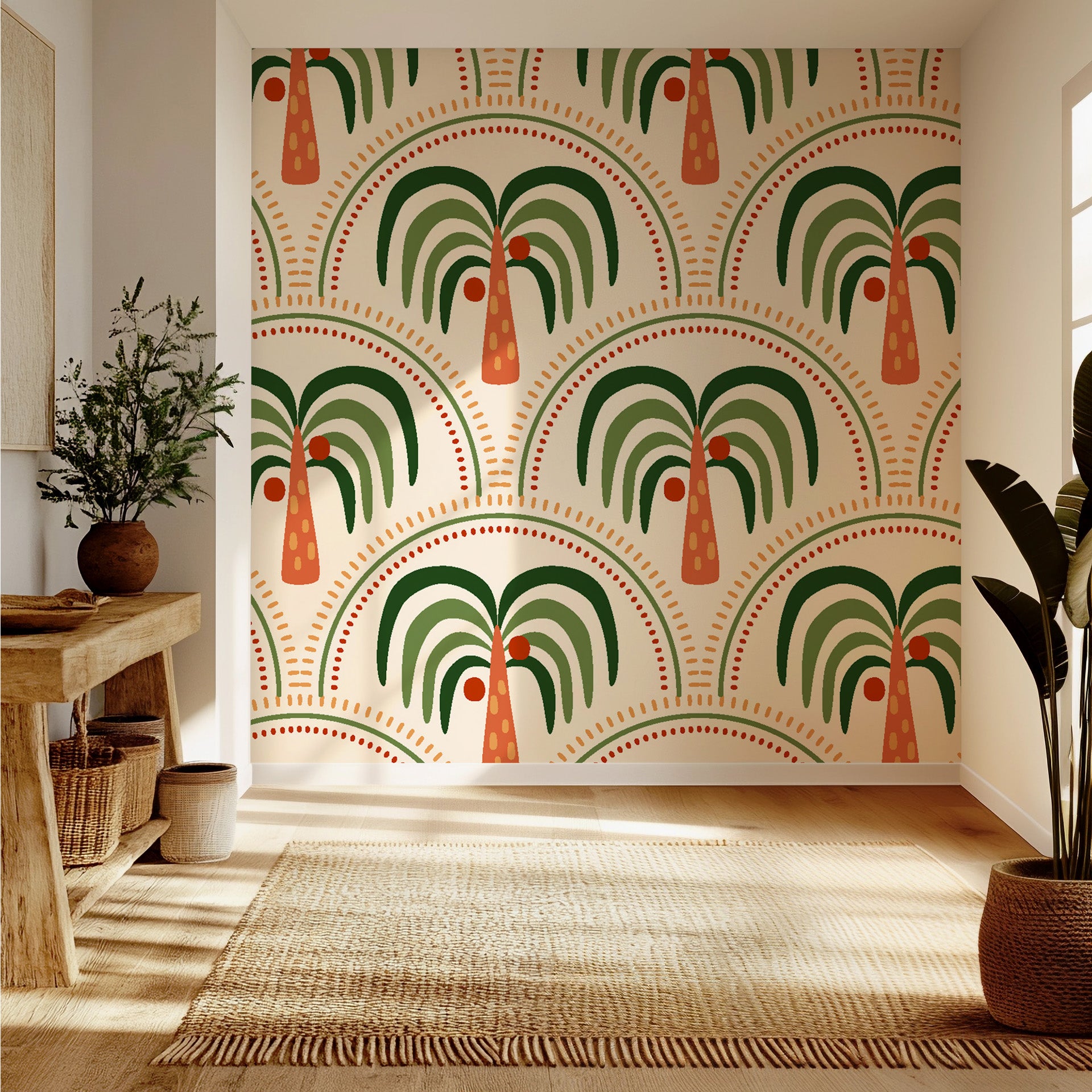 Verdant green toile pattern wallpaper showing an idyllic scene of palm trees and ancient architecture