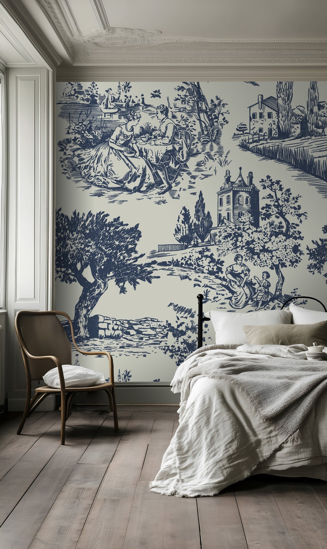 Peaceful blue-grey toile landscape wallpaper for a romantic and traditional interior.