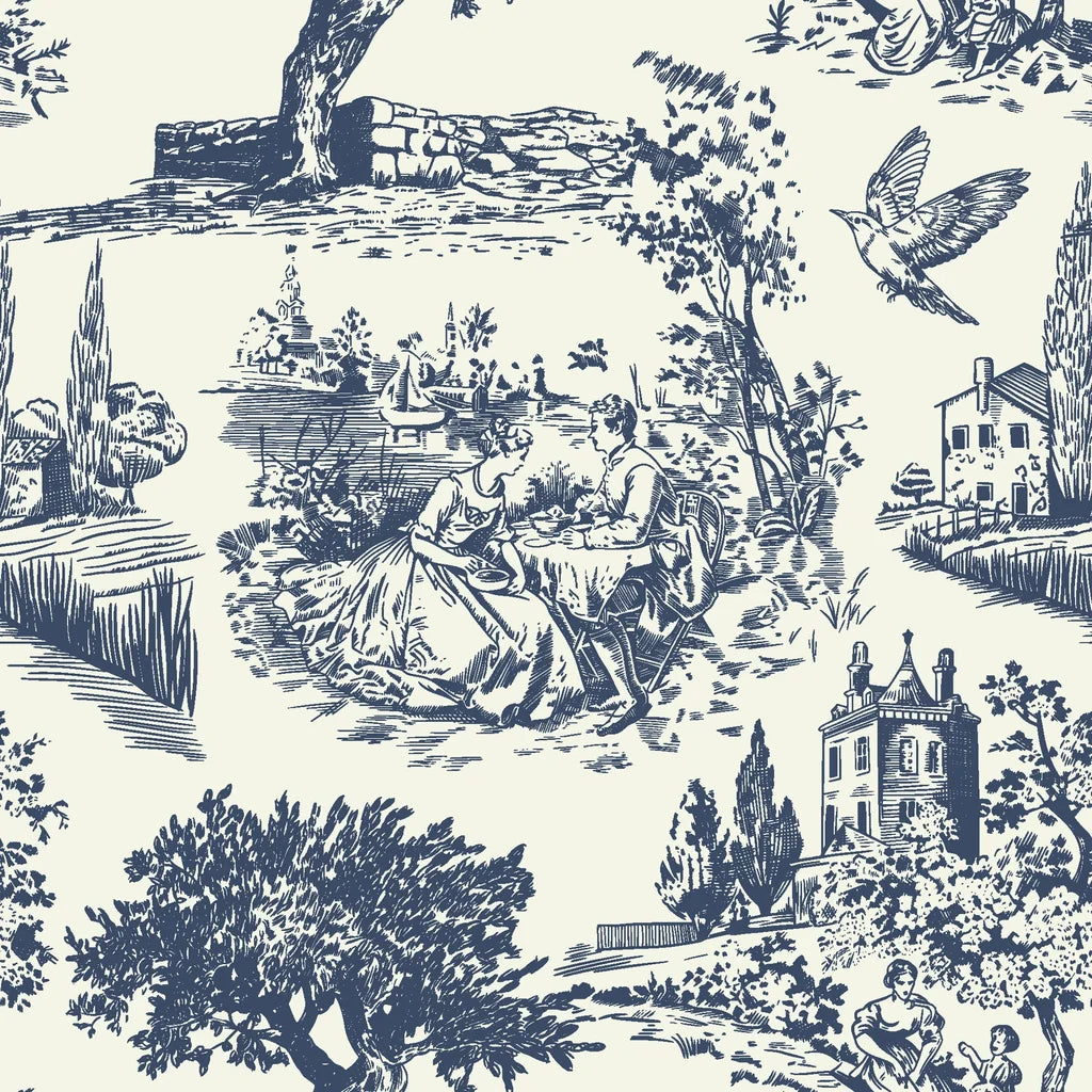 Traditional blue and white toile de Jouy self-adhesive wallpaper featuring pastoral scenes
