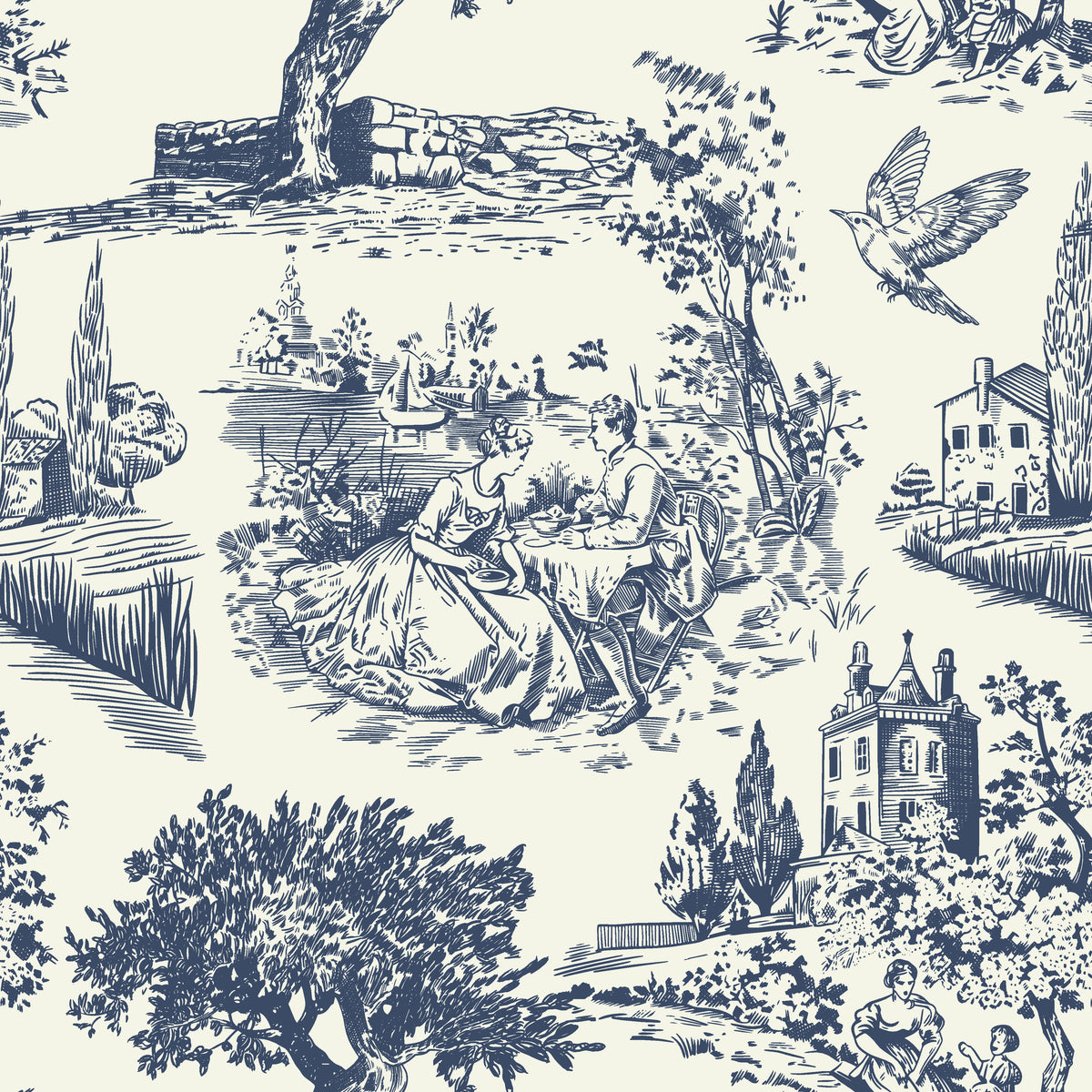 Traditional blue and white toile de Jouy self-adhesive wallpaper featuring pastoral scenes