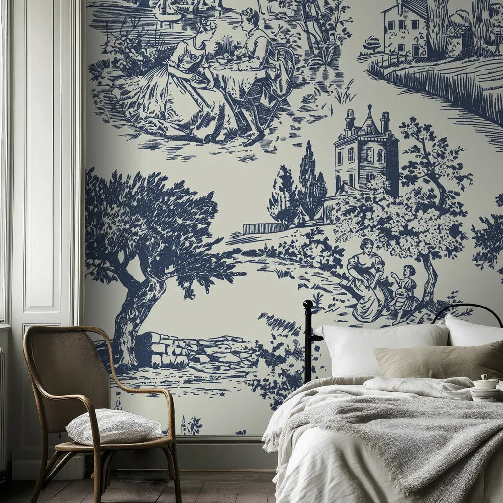 Traditional blue and white Toile de Jouy self-adhesive wallpaper featuring a rustic pastoral scene