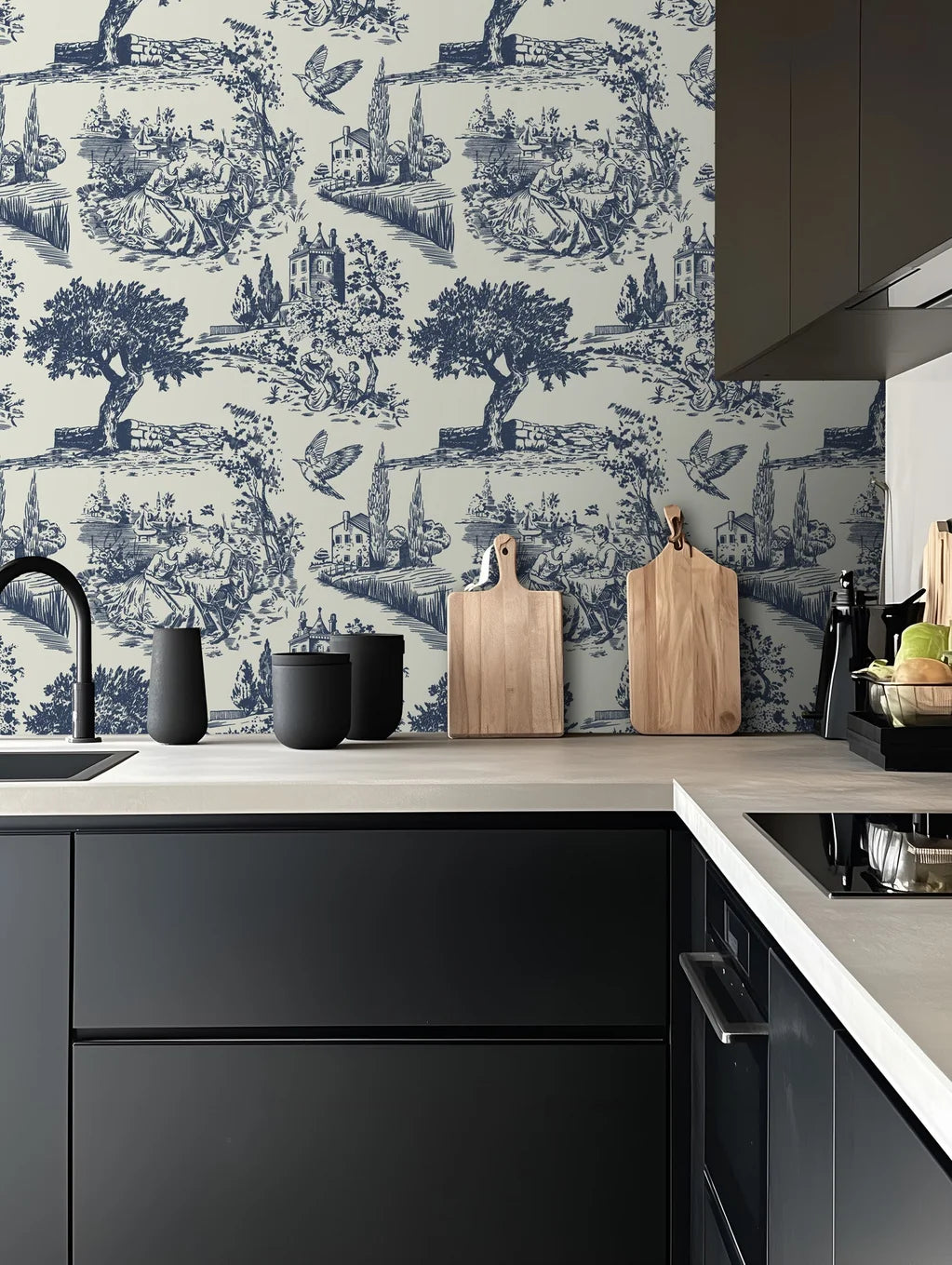 Blue and white pastoral toile pattern on removable peel and stick wallpaper