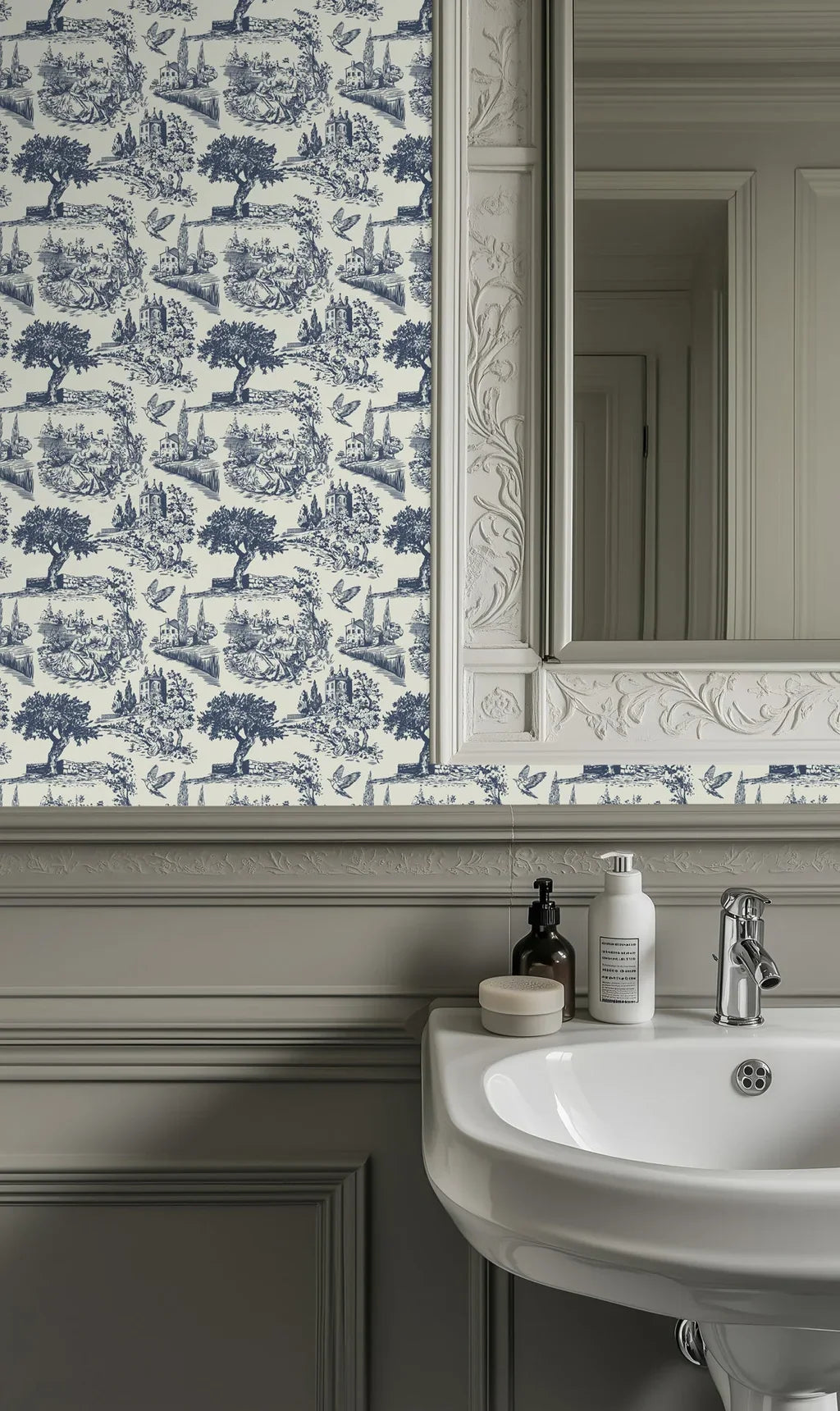 Blue and white toile wallpaper with a vintage pastoral pattern and self-adhesive backing