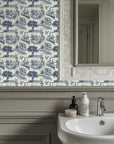 Blue and white toile wallpaper with a vintage pastoral pattern and self-adhesive backing
