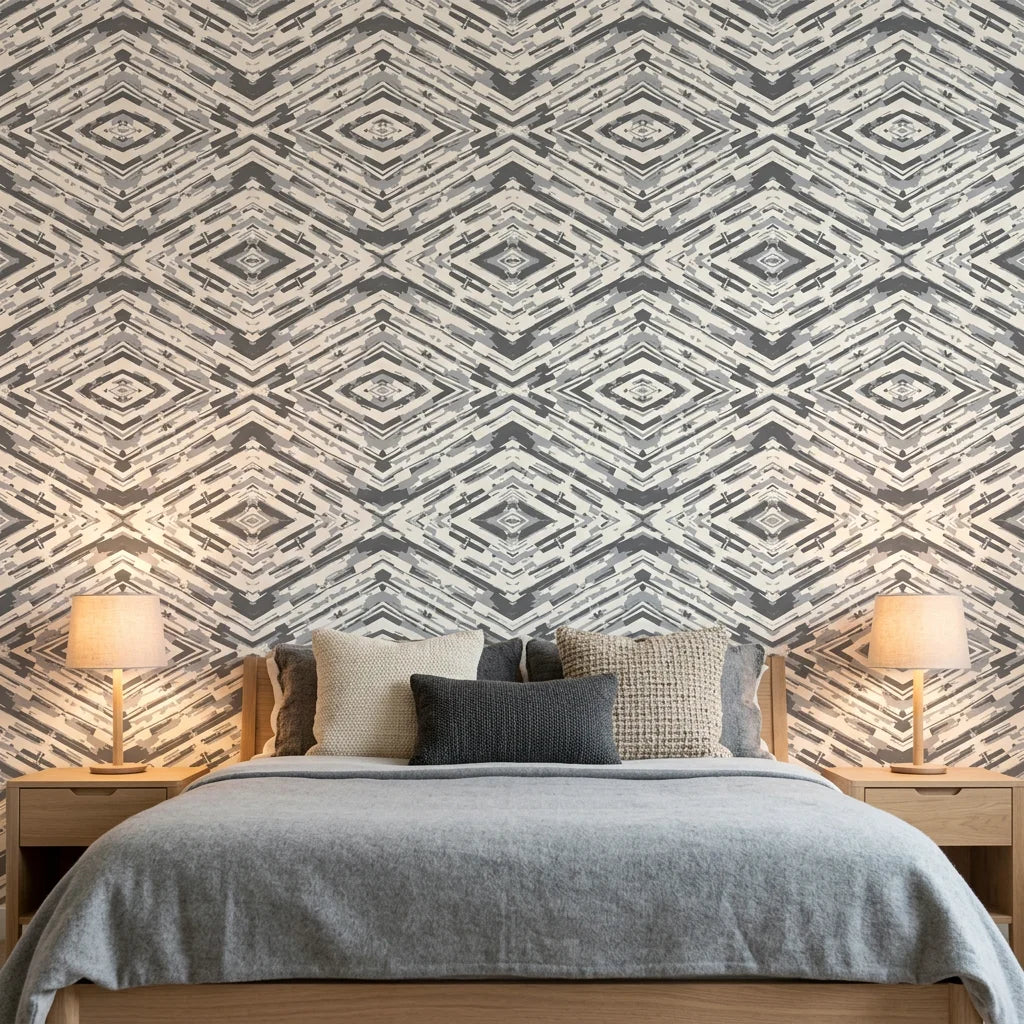 Arrows At Dawn neutral geometric peel and stick wallpaper in a warm and inviting living room