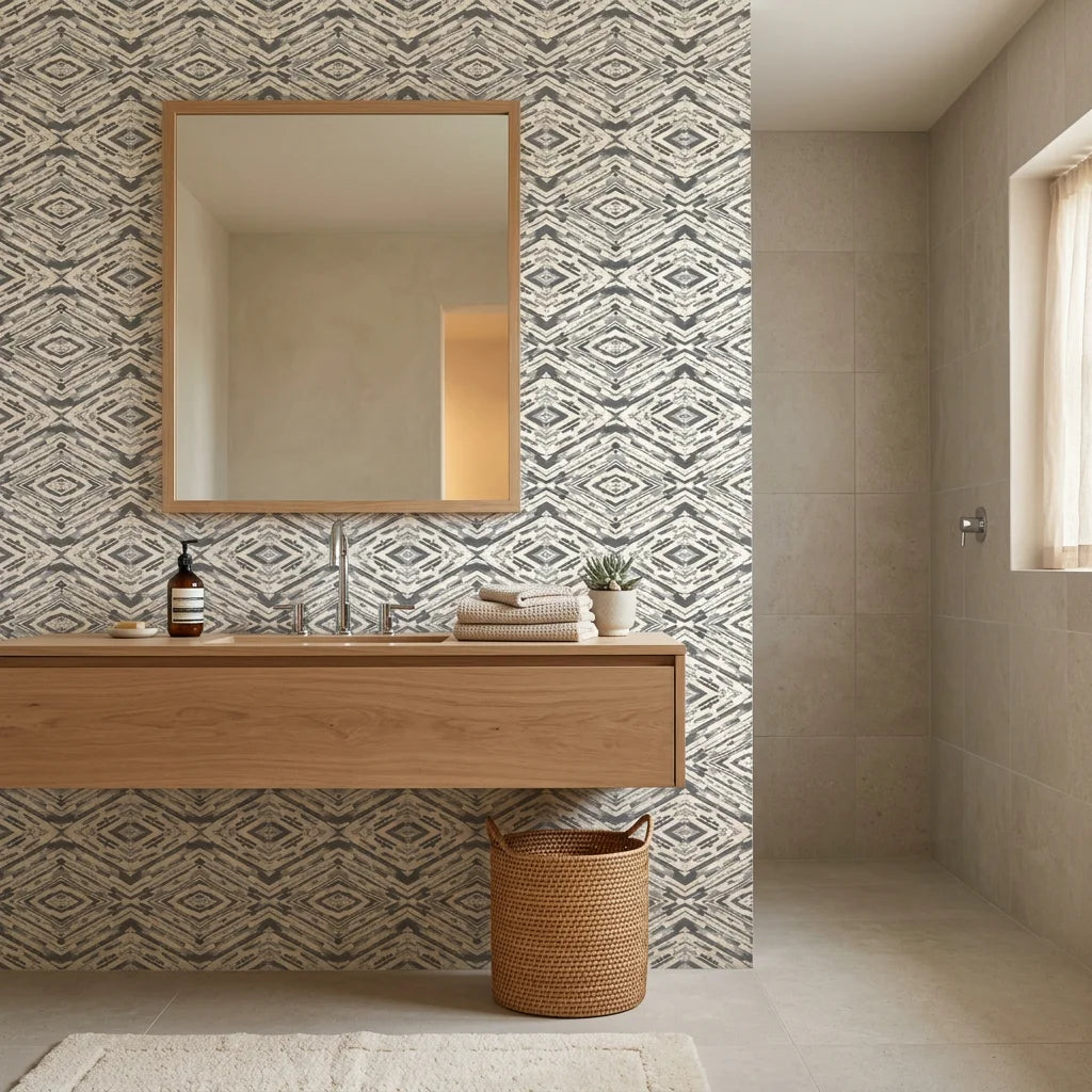 Arrows At Dawn neutral geometric peel and stick wallpaper as a feature wall in a bright home office