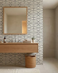 Arrows At Dawn neutral geometric peel and stick wallpaper as a feature wall in a bright home office