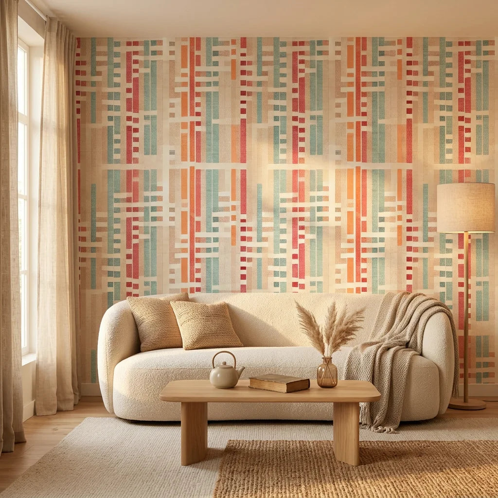 Art Block mid-century geometric wallpaper in a warm and inviting living room