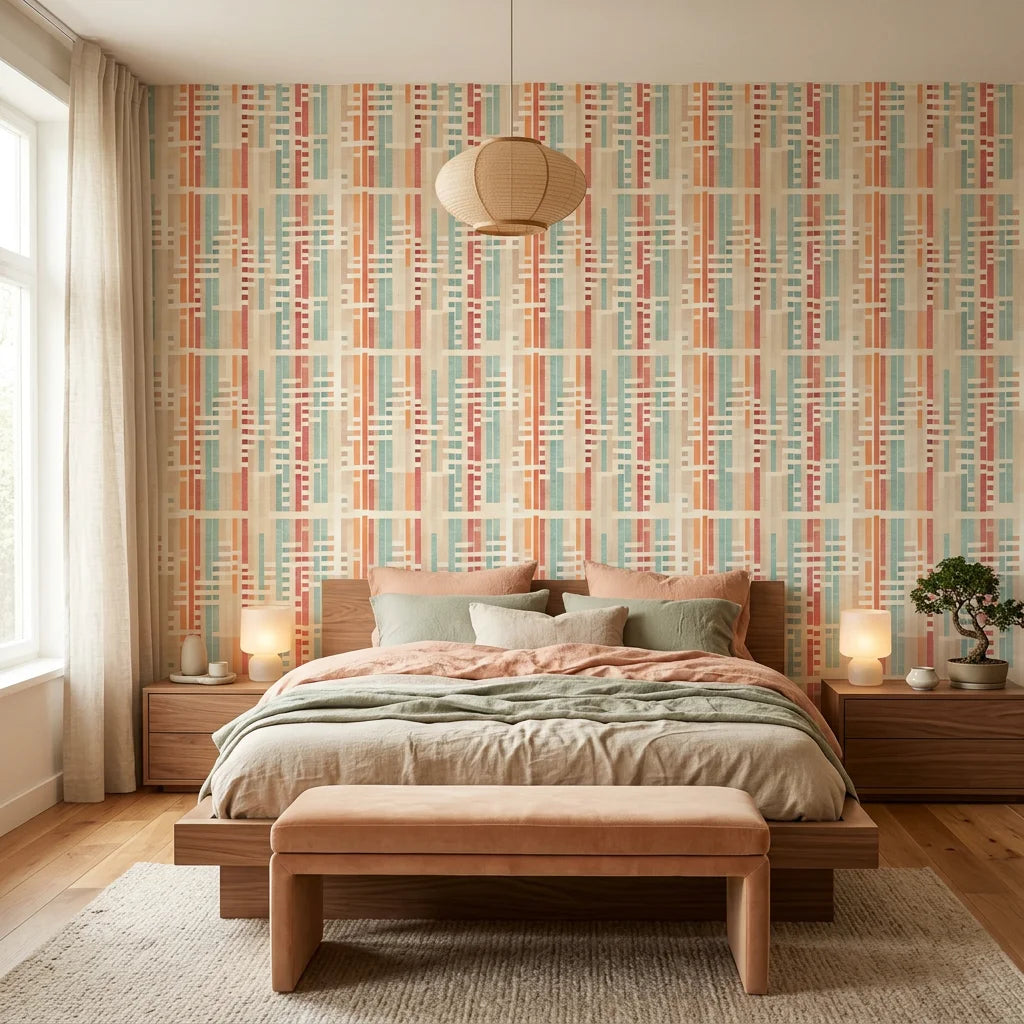 Art Block mid-century geometric wallpaper adding character to a cozy bedroom