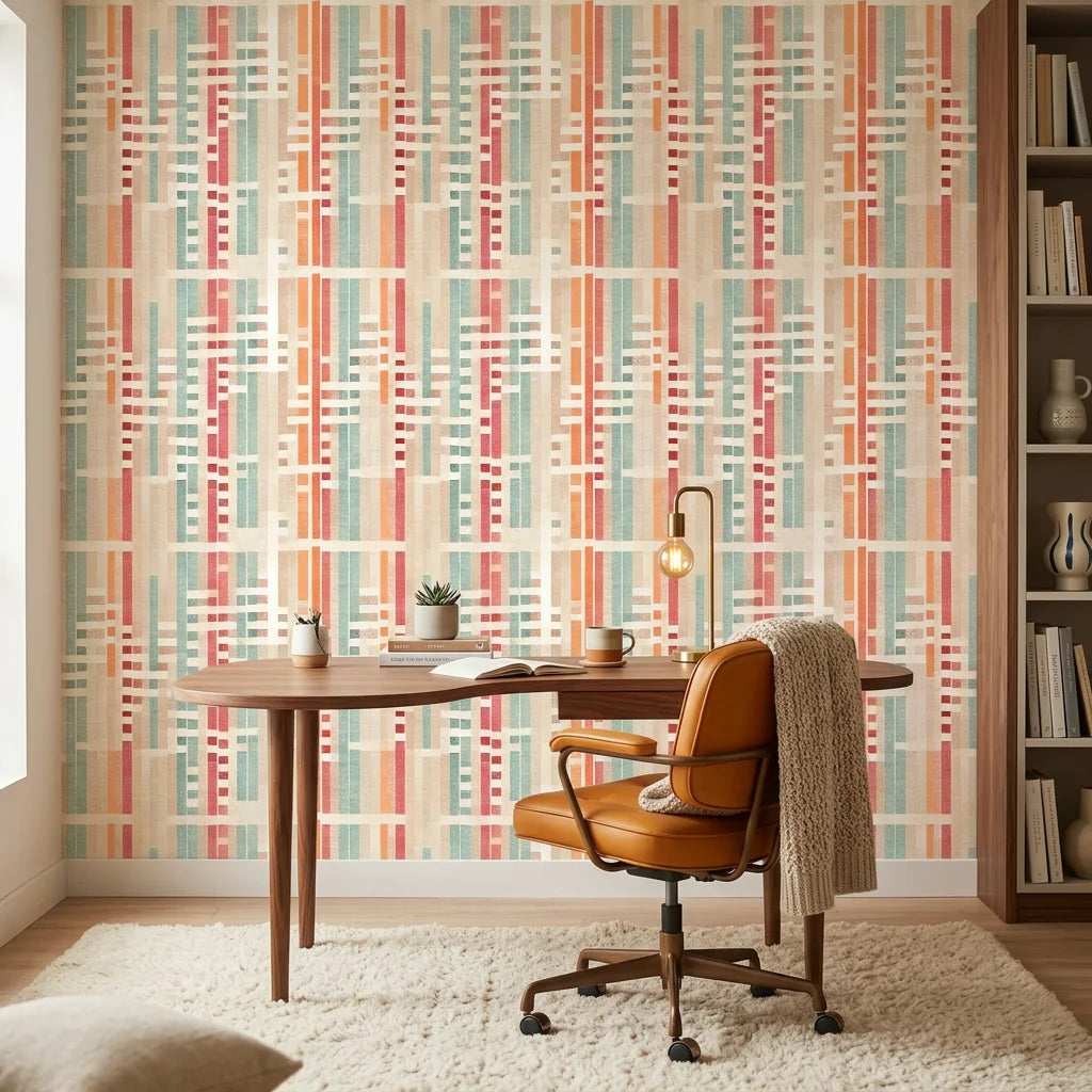 Art Block mid-century geometric wallpaper as a feature wall in a bright home office