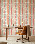 Art Block mid-century geometric wallpaper as a feature wall in a bright home office
