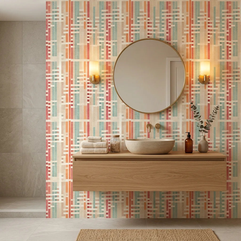 Art Block mid-century geometric wallpaper creating ambiance in a serene bathroom