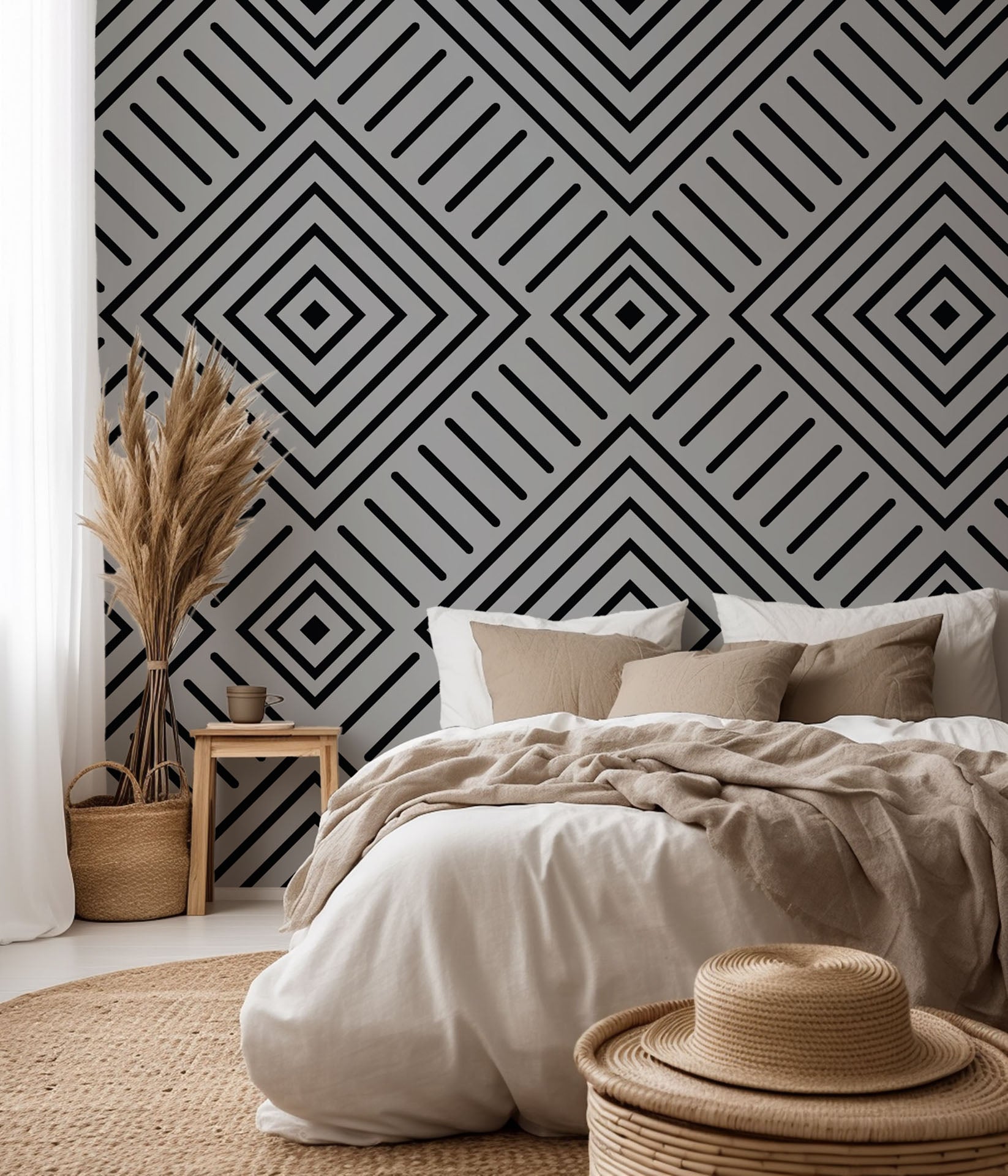 Self-adhesive wall covering featuring a black and grey geometric design of nested squares, Ascend Zenith collection
