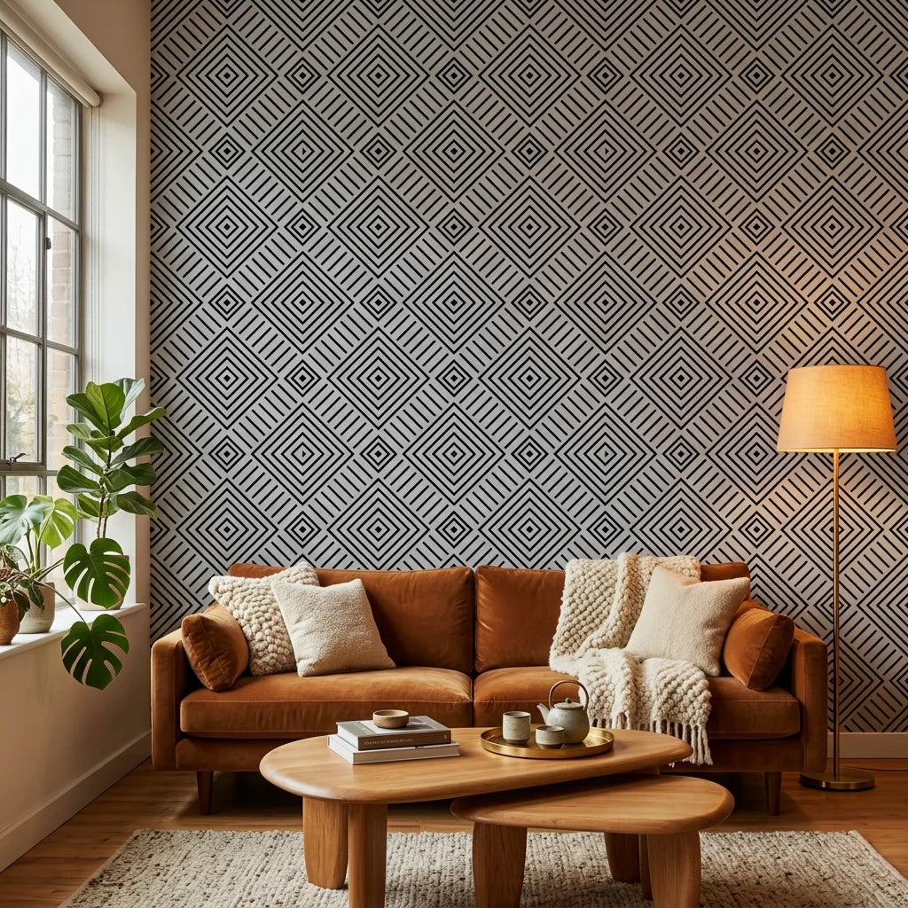 Ascend Zenith black and grey modern geometric diamond wallpaper in a warm and inviting living room