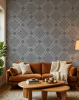 Ascend Zenith black and grey modern geometric diamond wallpaper in a warm and inviting living room