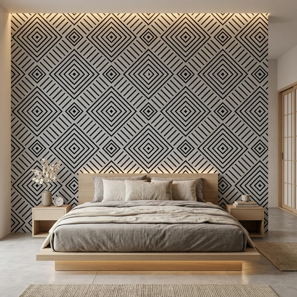 Ascend Zenith black and grey modern geometric diamond wallpaper adding character to a cozy bedroom