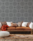 Black and grey adhesive wallpaper featuring an ascending geometric pattern of nested squares - Ascend Zenith
