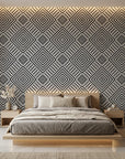 Ascend Zenith black and grey modern geometric diamond wallpaper adding character to a cozy bedroom