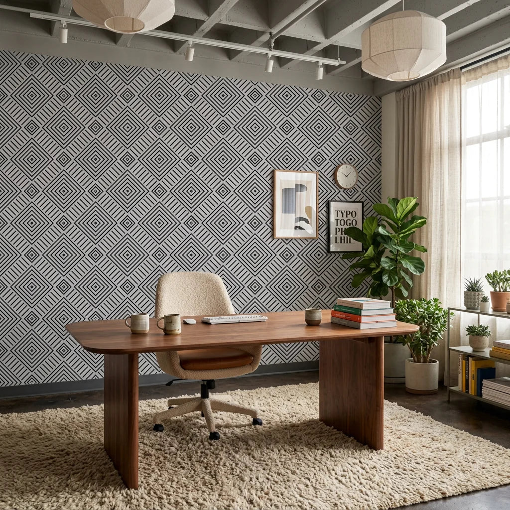 Ascend Zenith black and grey modern geometric diamond wallpaper as a feature wall in a bright home office