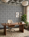 Ascend Zenith black and grey modern geometric diamond wallpaper as a feature wall in a bright home office