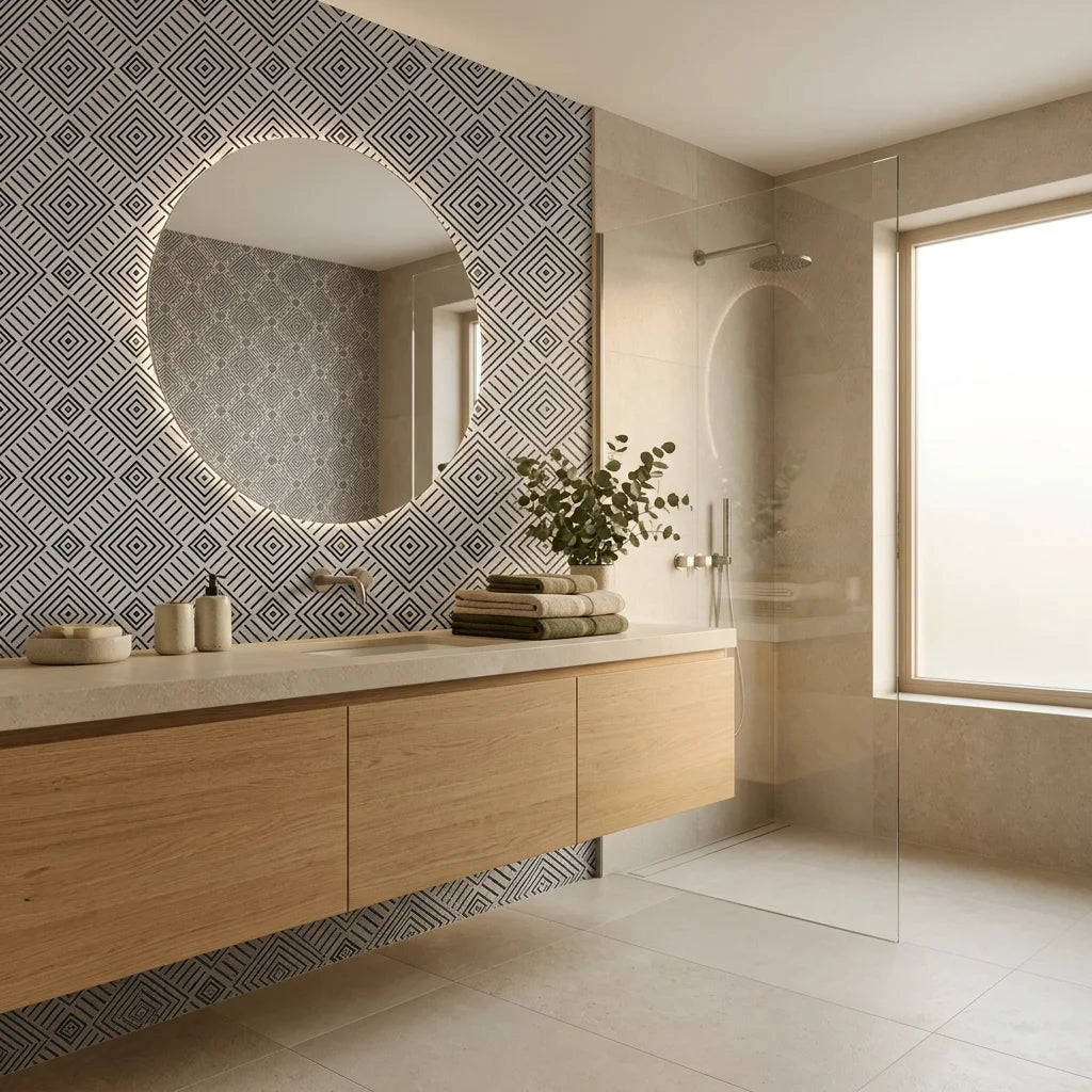 Ascend Zenith black and grey modern geometric diamond wallpaper creating ambiance in a serene bathroom