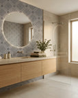Ascend Zenith black and grey modern geometric diamond wallpaper creating ambiance in a serene bathroom