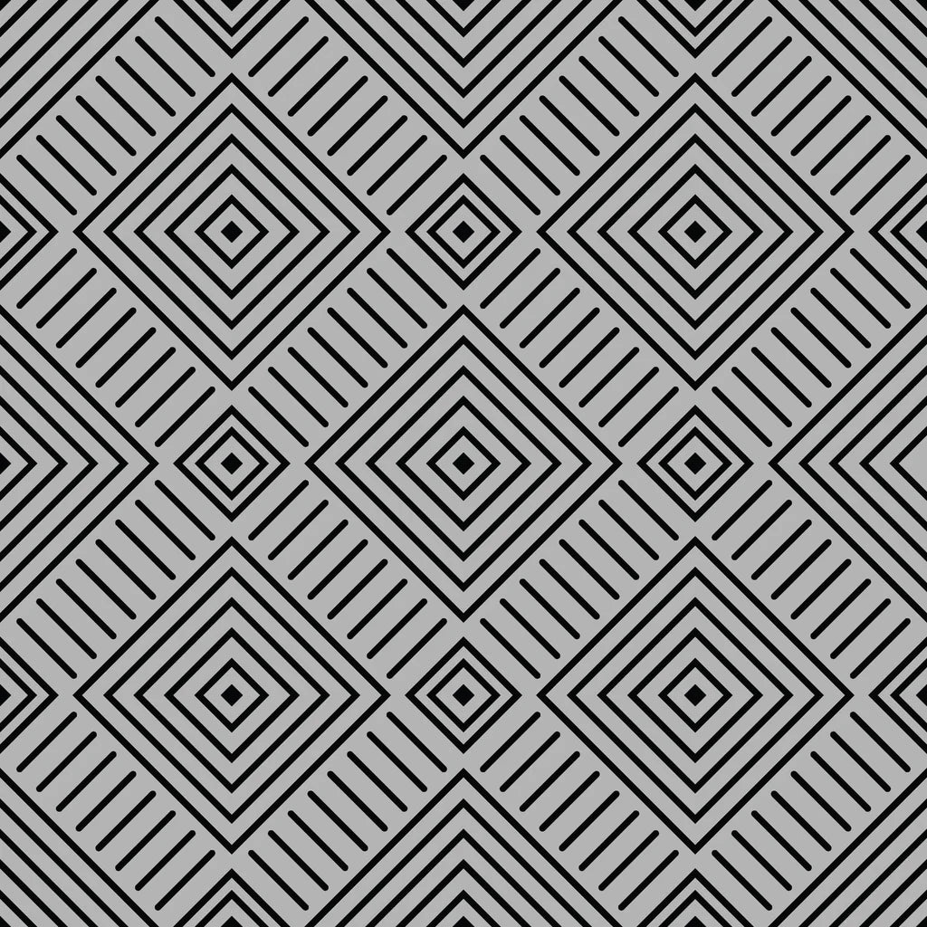 Self-adhesive wall covering (Ascend Zenith) featuring concentric squares in a black and grey geometric design.