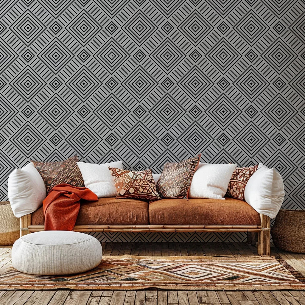 Black and grey adhesive wallpaper featuring an ascending geometric pattern of nested squares - Ascend Zenith