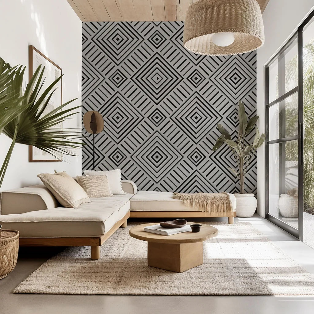 Grey and black geometric peel and stick wallpaper displaying a concentric square motif - Ascend Zenith