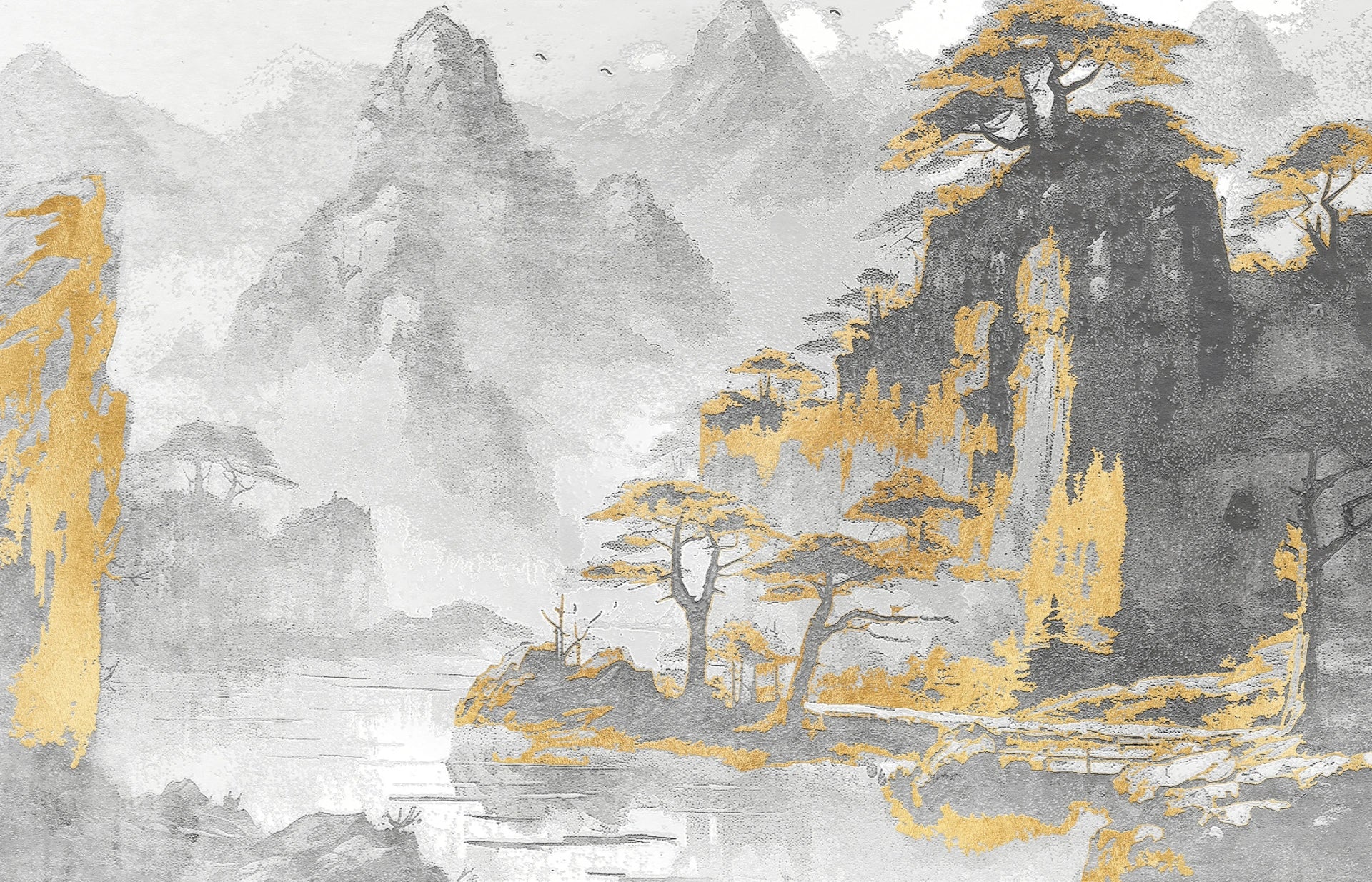 Asian-inspired mountain landscape wallpaper with gold and gray watercolor trees and misty peaks