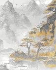 Asian-inspired mountain landscape wallpaper with gold and gray watercolor trees and misty peaks