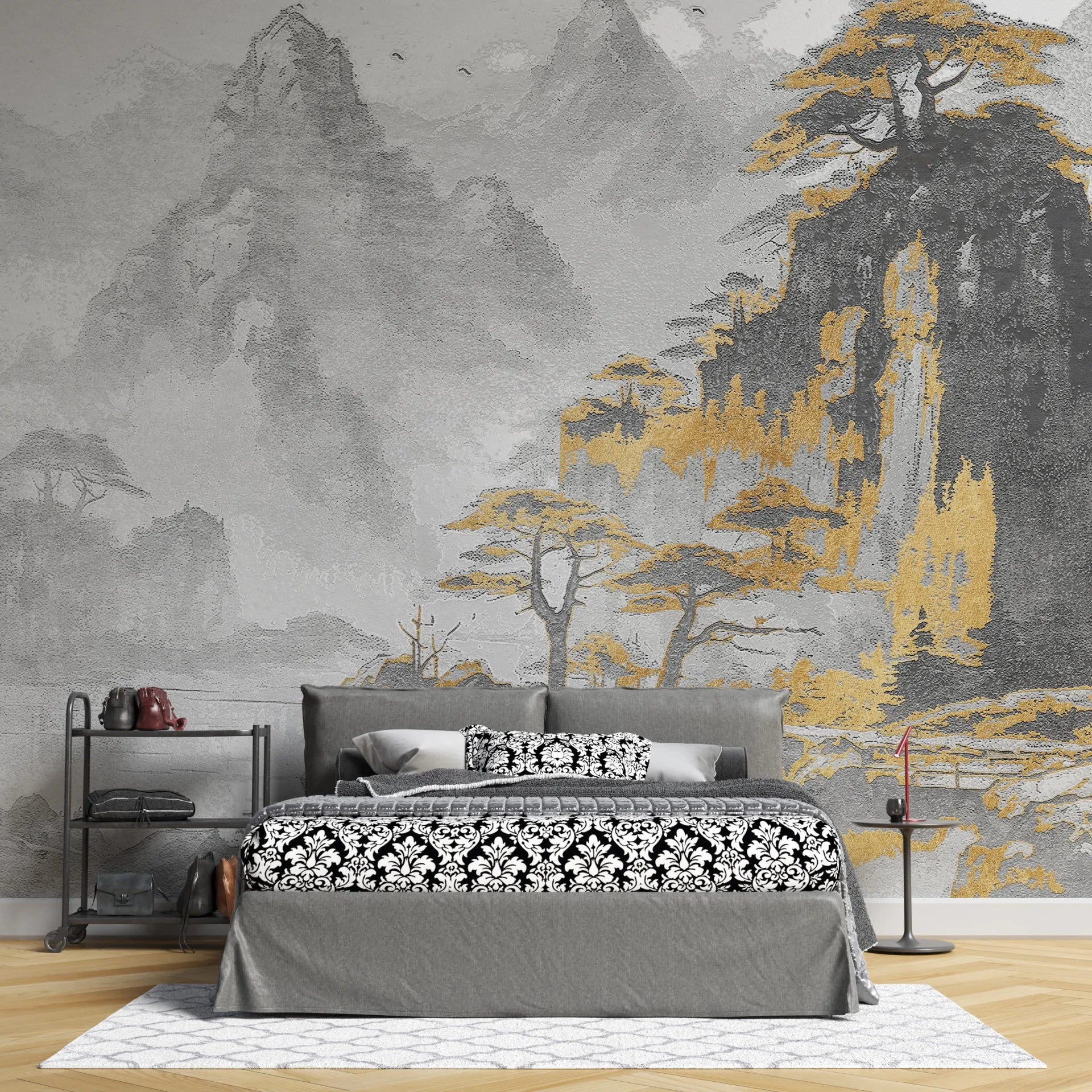 Asian Mountains wallpaper with gold and gray misty landscape on modern bedroom accent wall