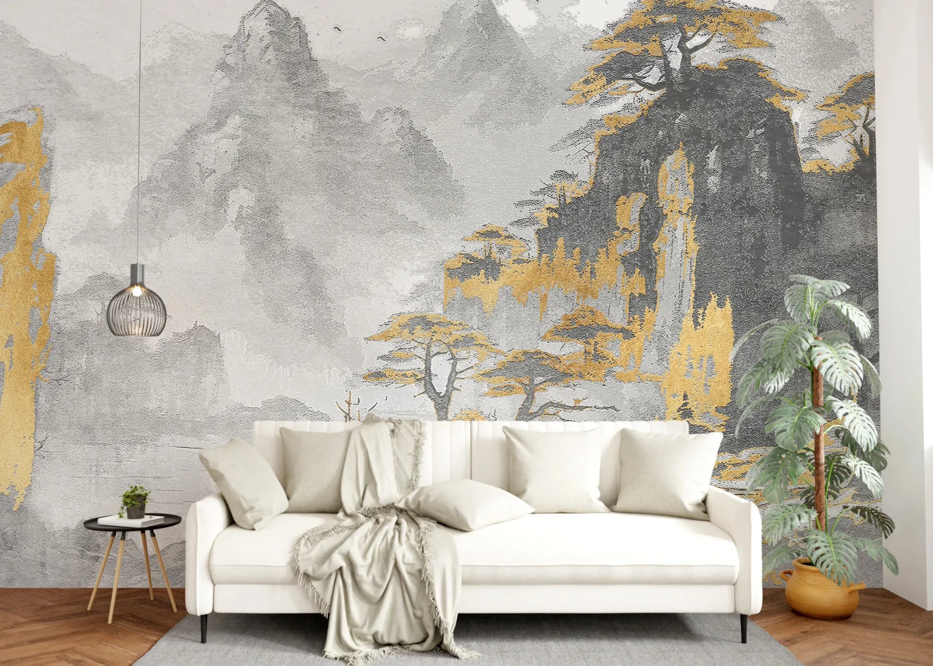 Asian Mountains wallpaper mural with gray misty peaks and golden trees on modern living room wall