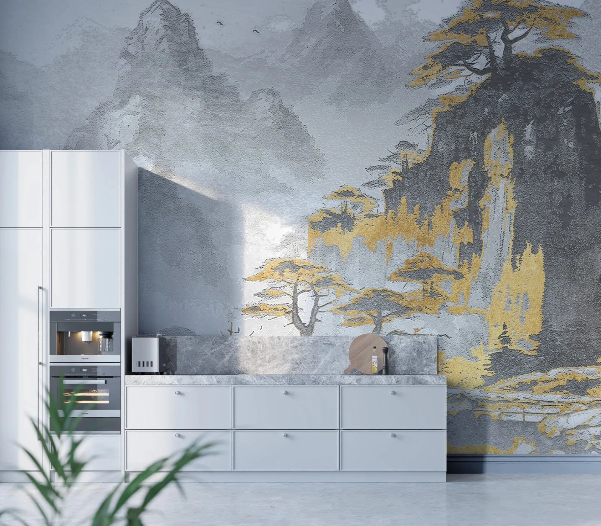 Asian Mountains mural wallpaper with gold trees and gray misty peaks in modern white kitchen