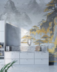 Asian Mountains mural wallpaper with gold trees and gray misty peaks in modern white kitchen