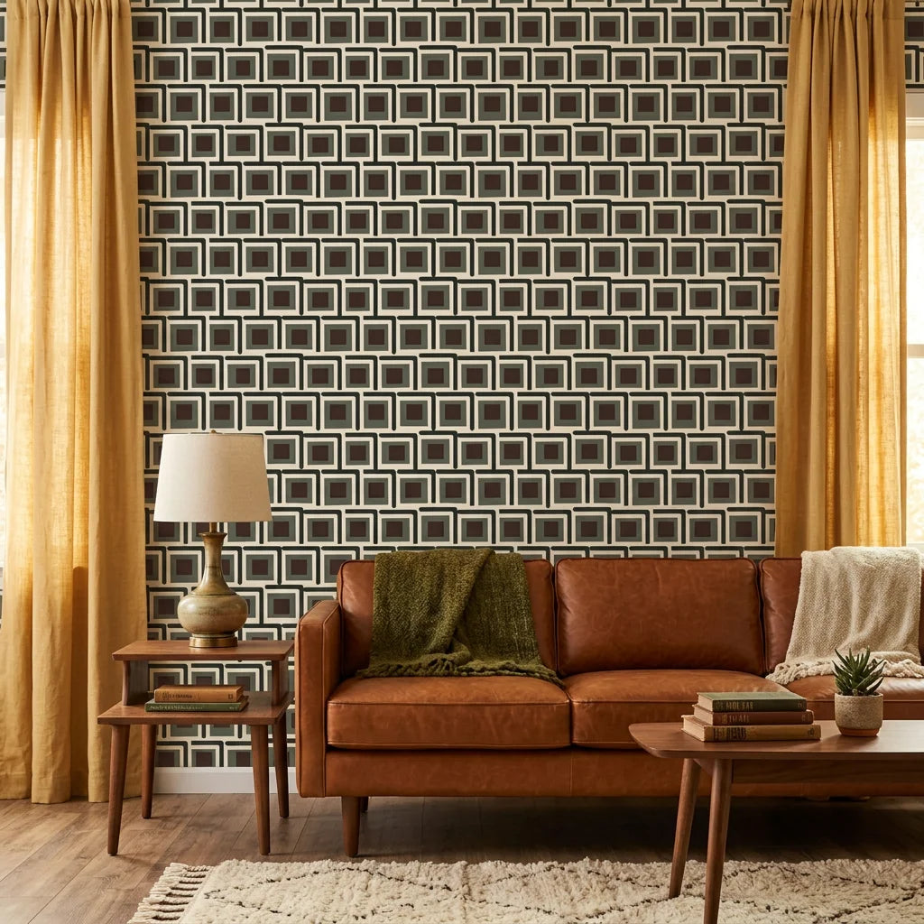 Matte earthy geometric squares peel and stick wallpaper - Aubergine Stack