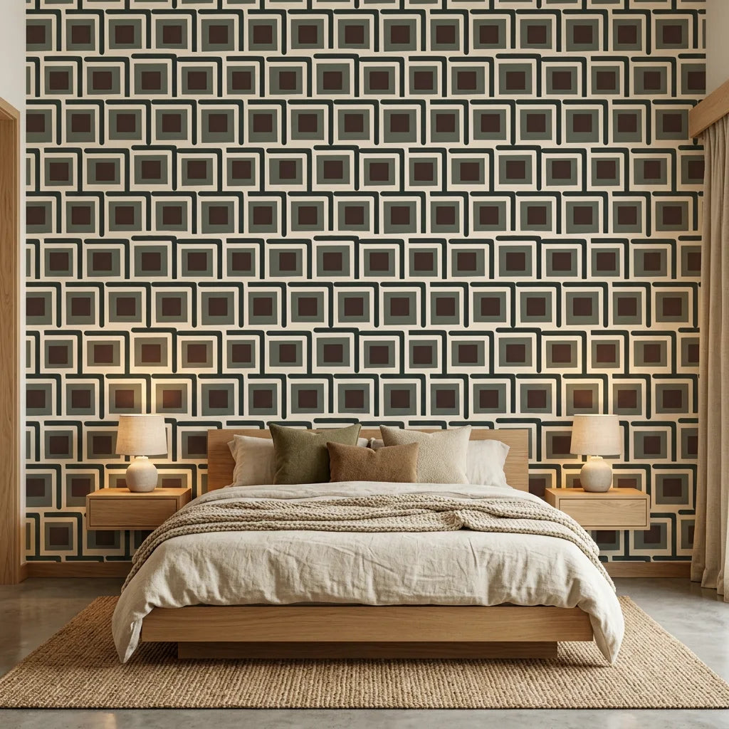 Aubergine Stack earthy geometric peel and stick wallpaper in a warm and inviting living room