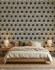 Aubergine Stack earthy geometric peel and stick wallpaper in a warm and inviting living room