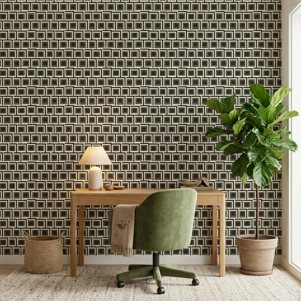 Aubergine Stack earthy geometric peel and stick wallpaper adding character to a cozy bedroom