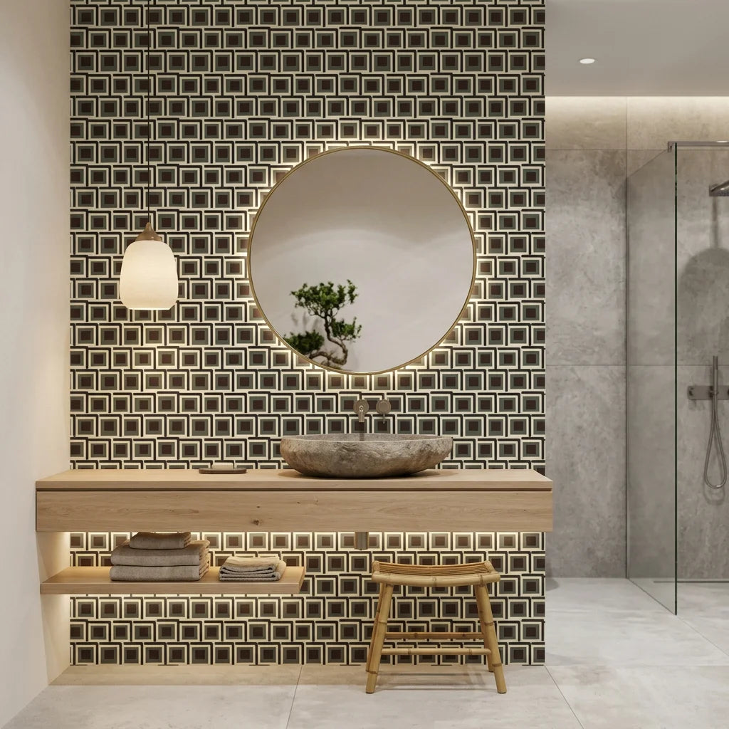 Aubergine Stack earthy geometric peel and stick wallpaper as a feature wall in a bright home office