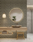 Aubergine Stack earthy geometric peel and stick wallpaper as a feature wall in a bright home office